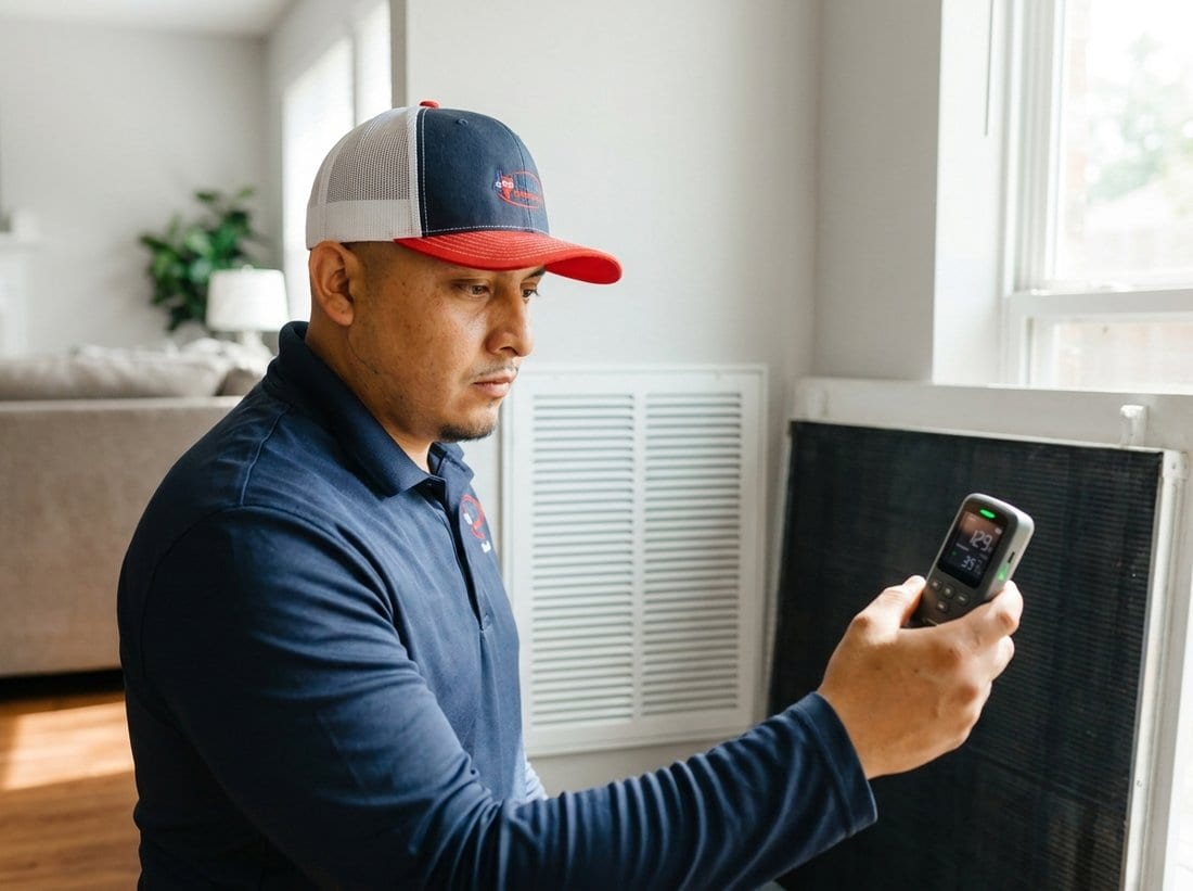 Lexany's technician checking indoor air quality with a handheld monitor in a Forney home