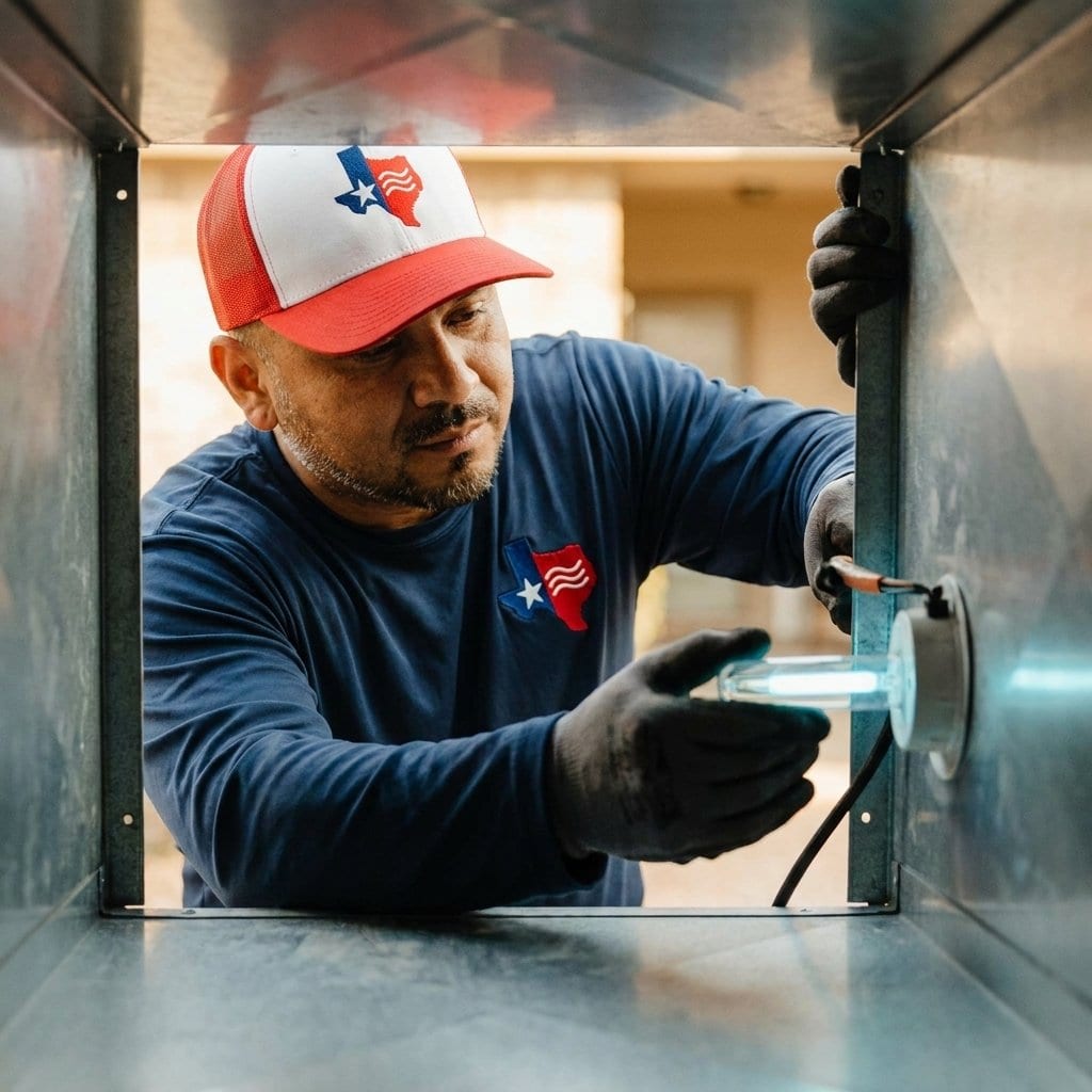 Lexany's technician installing a UV air-purification light inside HVAC ductwork in Forney, TX