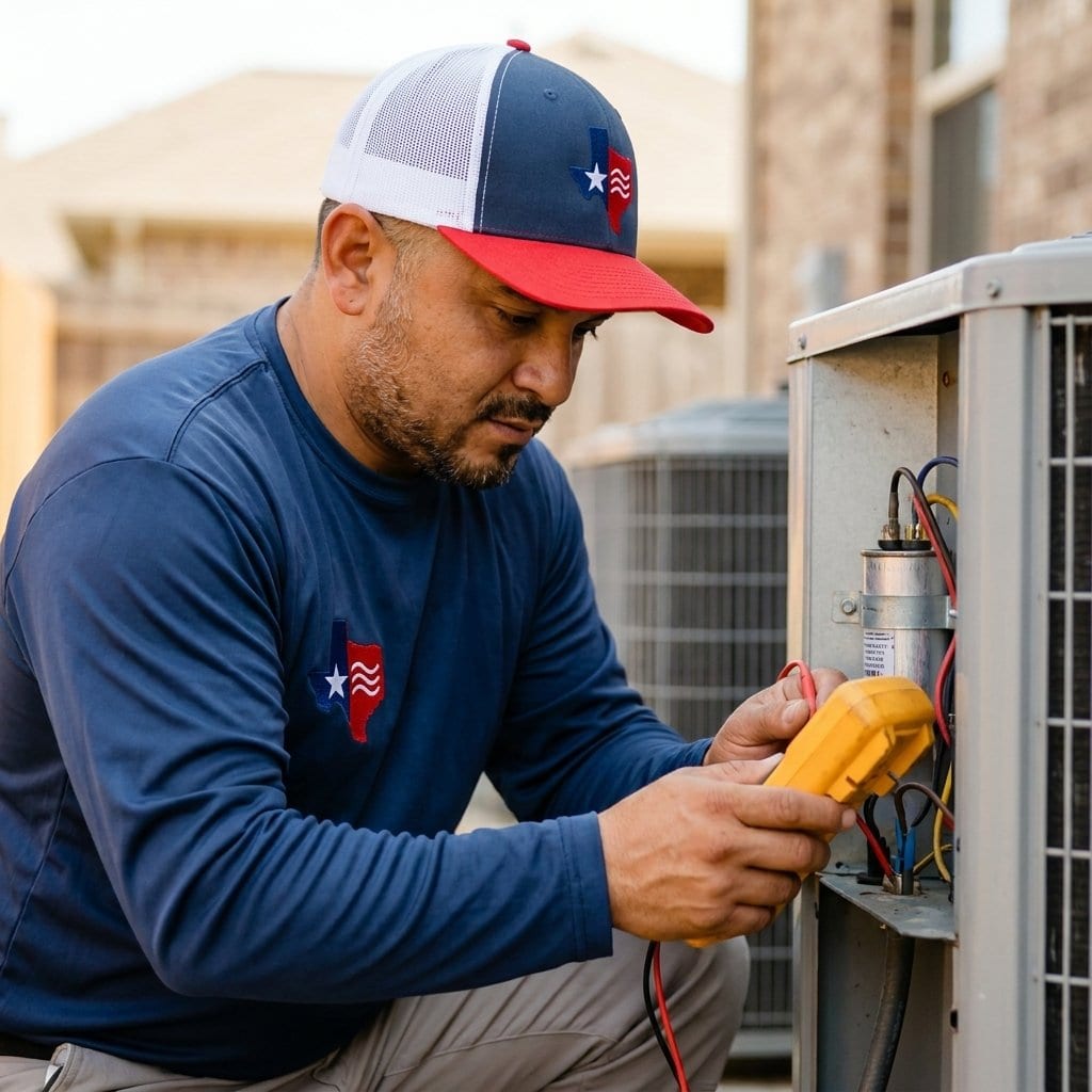 Lexany's technician testing an AC capacitor with a multimeter on a Forney home's outdoor condenser