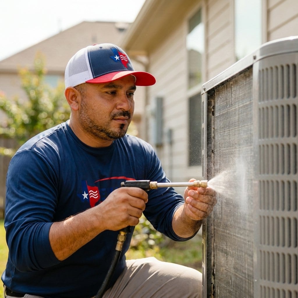 Lexany's technician washing the outdoor AC condenser coil during a cooling tune-up in Forney, TX
