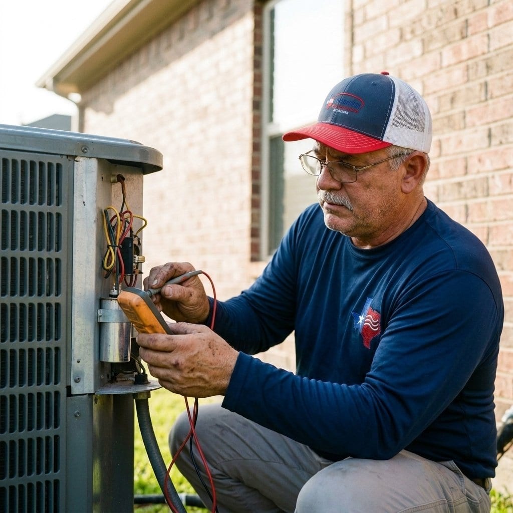 Lexany's technician diagnosing an outdoor air-conditioning unit in Forney, TX
