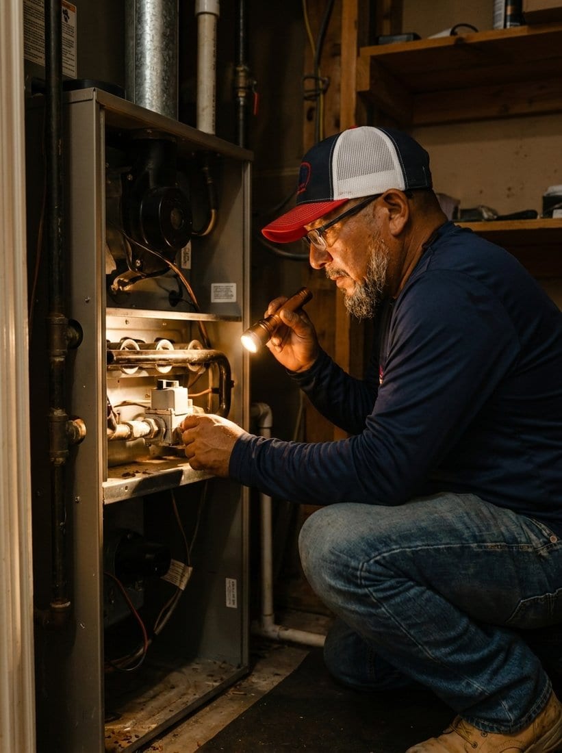 Lexany's technician inspecting a gas furnace's burners with a flashlight in a Forney home