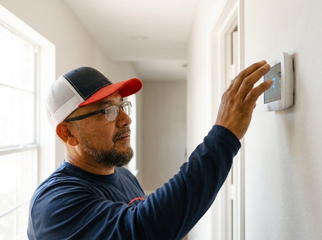 Lexany's technician adjusting a home thermostat during a Forney heating service call