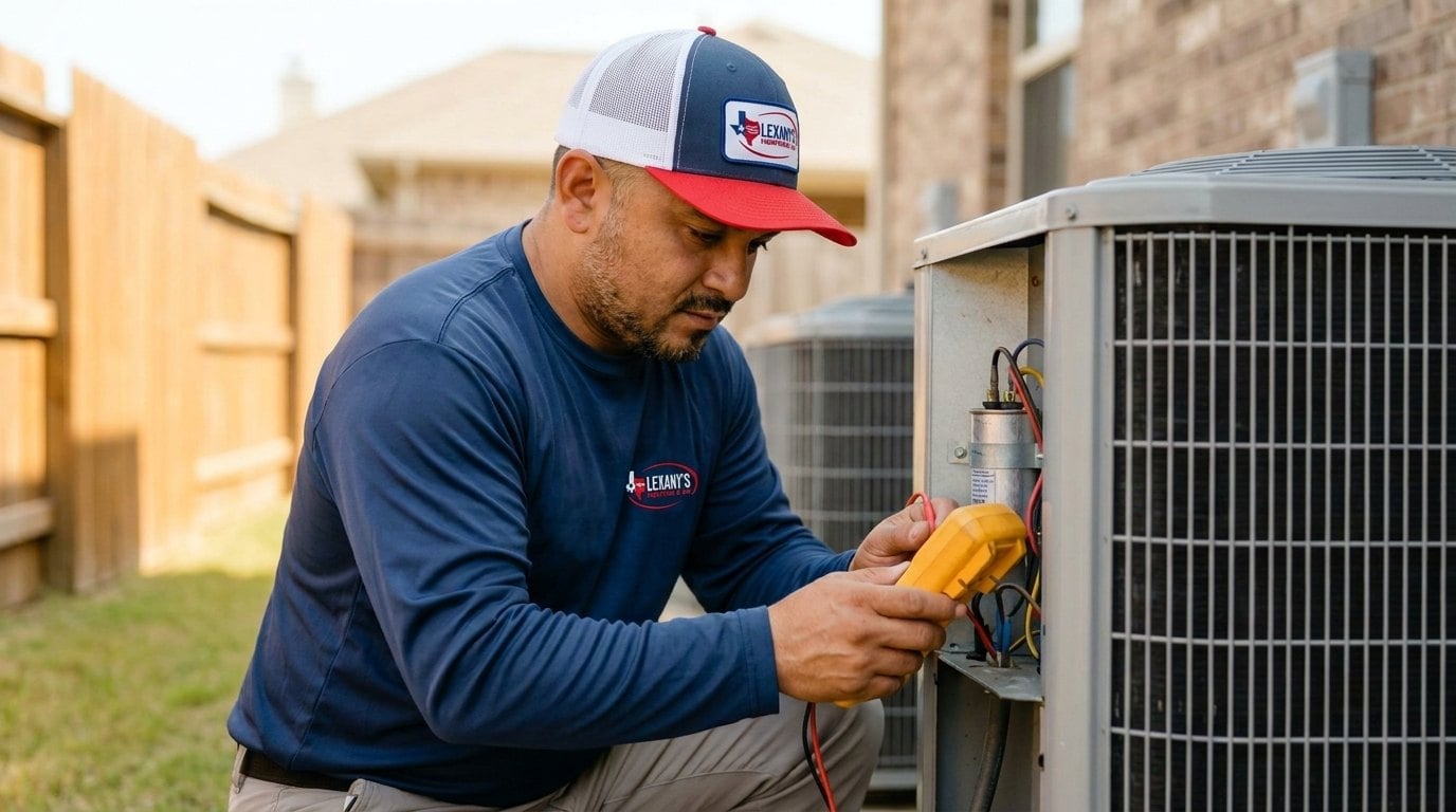 A technician testing an AC capacitor during a seasonal tune-up