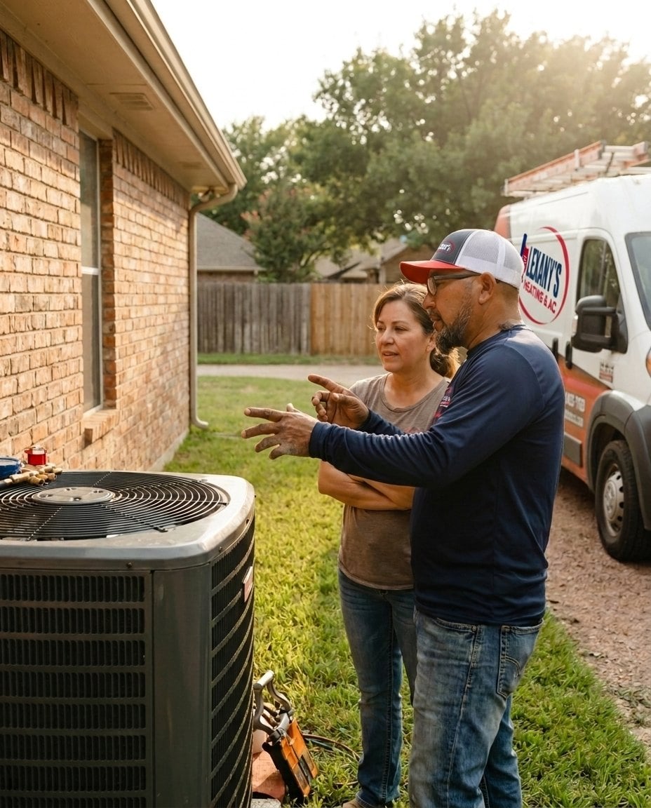 A Lexany technician walking a Forney, TX homeowner through flexible financing options beside a new AC system