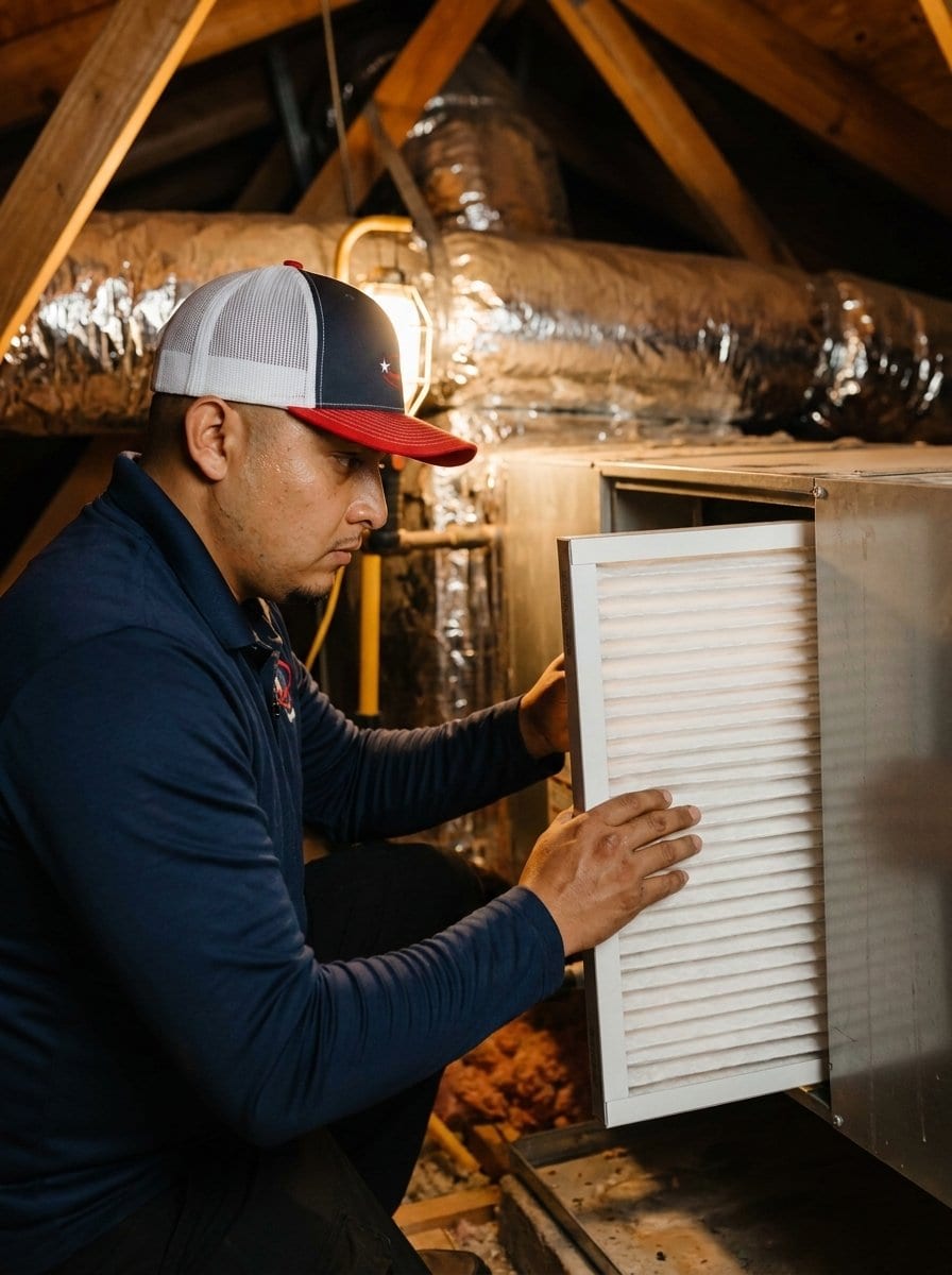 A Lexany's Heating & AC technician replacing the air filter at a home's air handler in Forney, TX