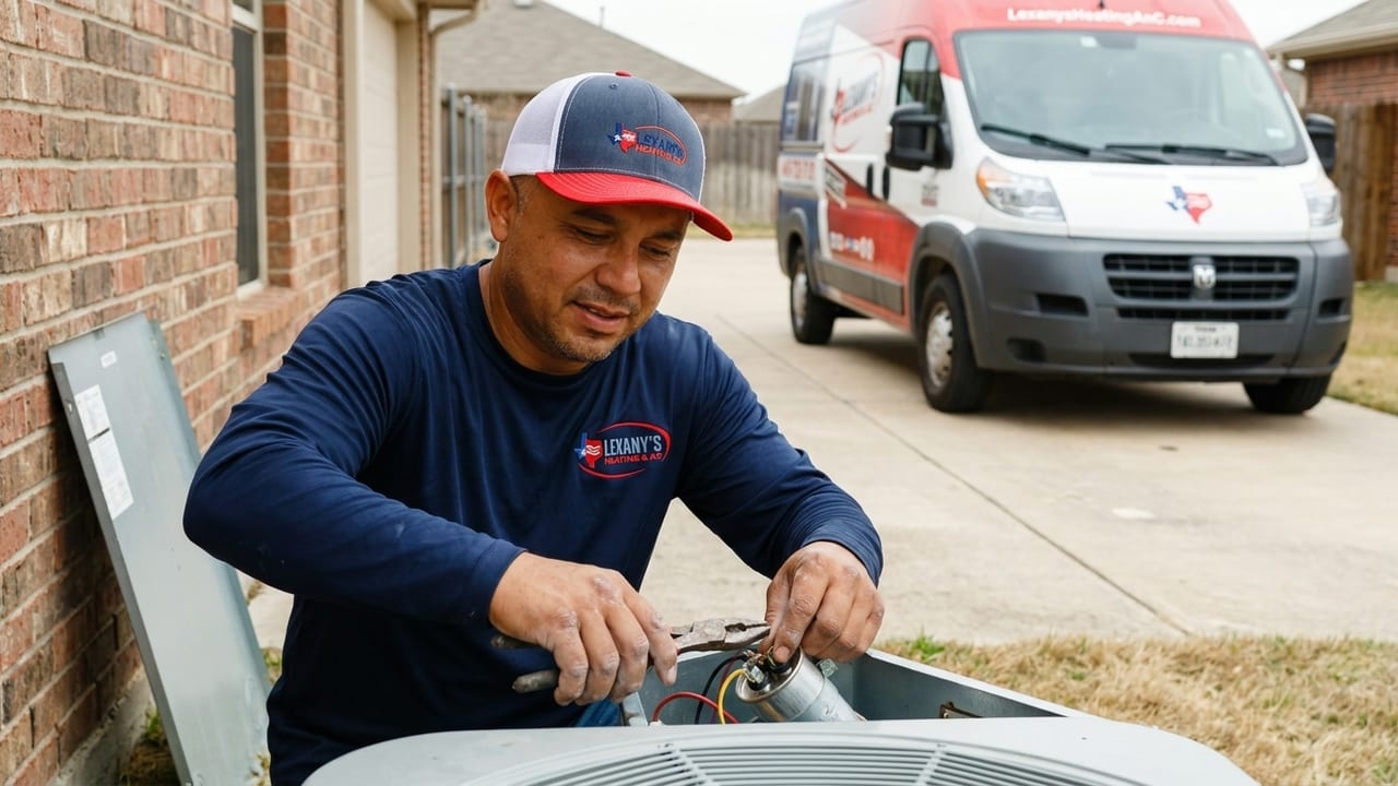 Lexany's Heating & AC technician replacing a capacitor in an outdoor AC condenser in Forney, TX