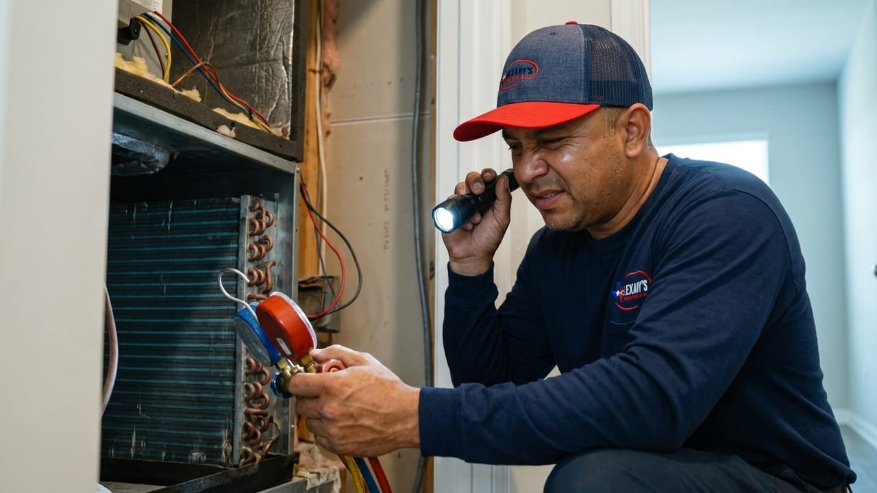 Lexany's Heating & AC technician inspecting an indoor air handler evaporator coil in a Forney, TX home