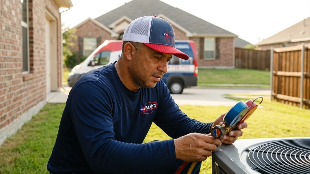Lexany's Heating & AC technician checking refrigerant pressure on an outdoor AC condenser with manifold gauges in Forney, TX