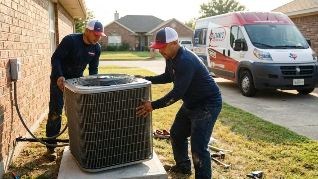 Lexany's HVAC technicians installing new AC unit in Forney, TX home.