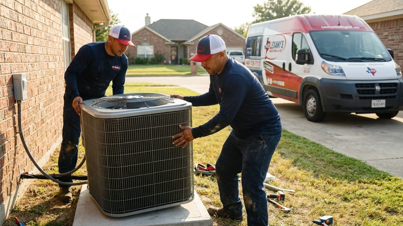 Two Lexany's Heating & AC technician s installing a new outdoor AC condenser at a Forney, TX home