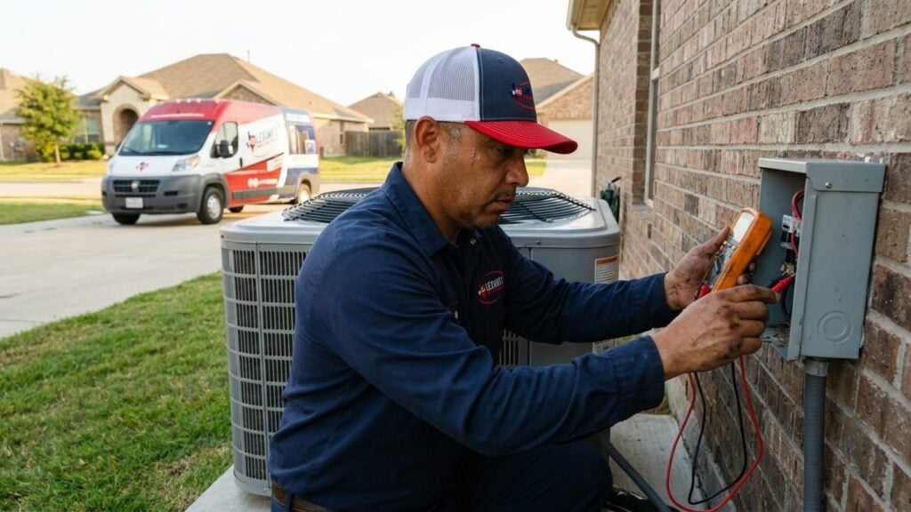 HVAC technician using multimeter to diagnose AC electrical issues in Forney, TX.