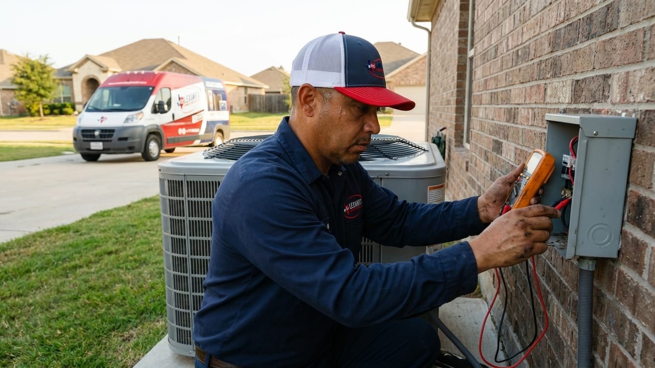 Lexany's Heating & AC technician testing an outdoor AC unit electrical disconnect with a multimeter at a Forney, TX home