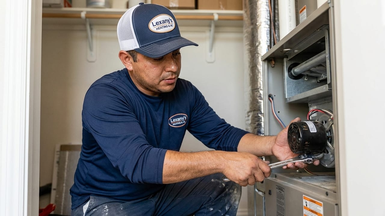 Lexany's Heating & AC technician servicing a furnace blower motor in a Forney, TX home