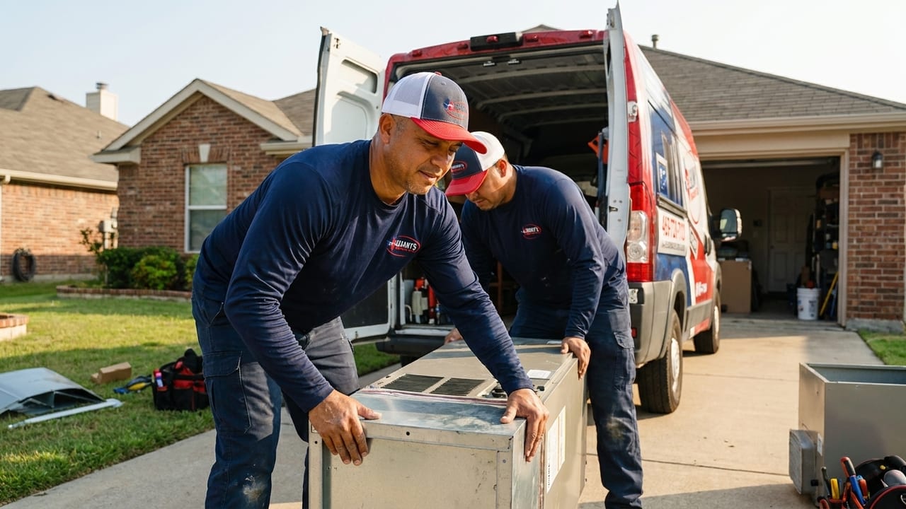 Lexany's Heating & AC technicians unloading equipment from the company service van at a Forney, TX home