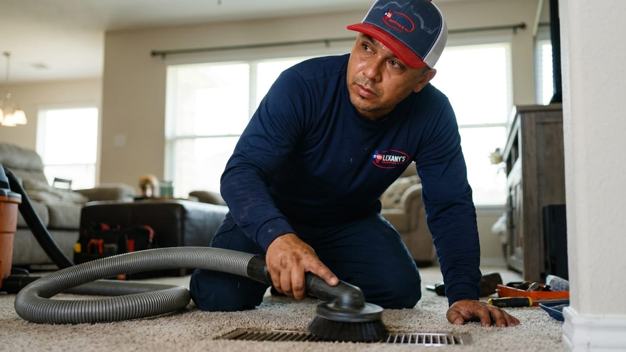 Lexany's Heating & AC technician cleaning a home air duct at a floor register in Forney, TX