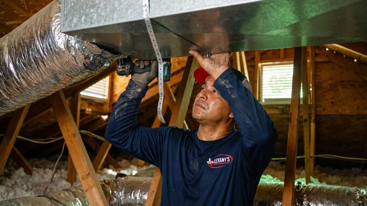 Lexany's Heating & AC technician connecting insulated ductwork in a Forney, TX home attic