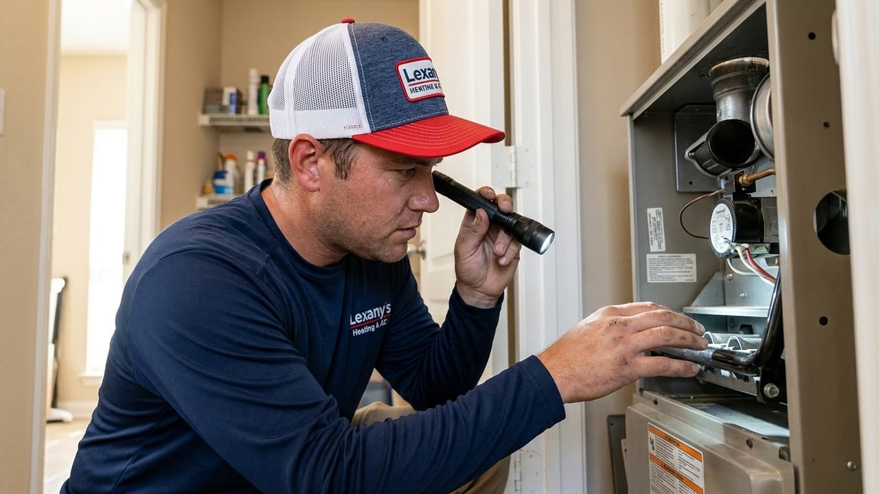 Lexany's Heating & AC technician inspecting a gas furnace burner assembly with a flashlight in a Forney, TX home