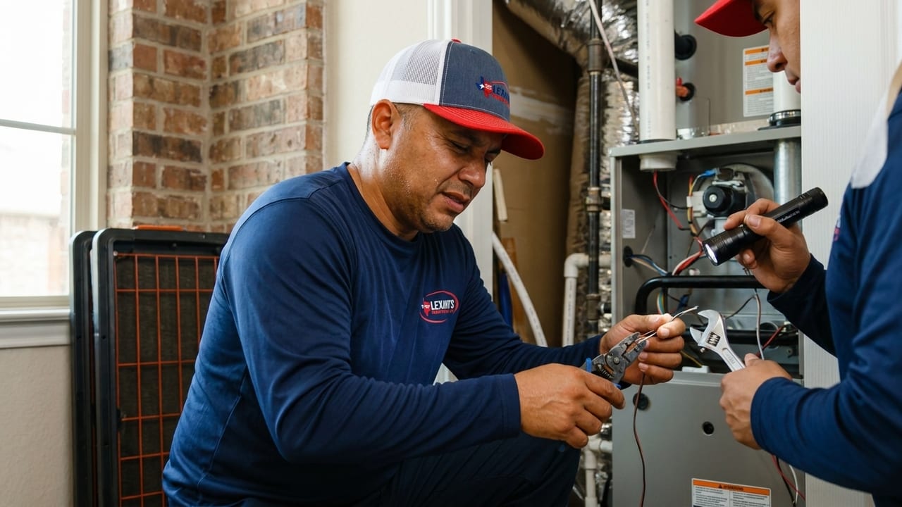Two Lexany's Heating & AC technician s installing a new gas furnace in a Forney, TX home
