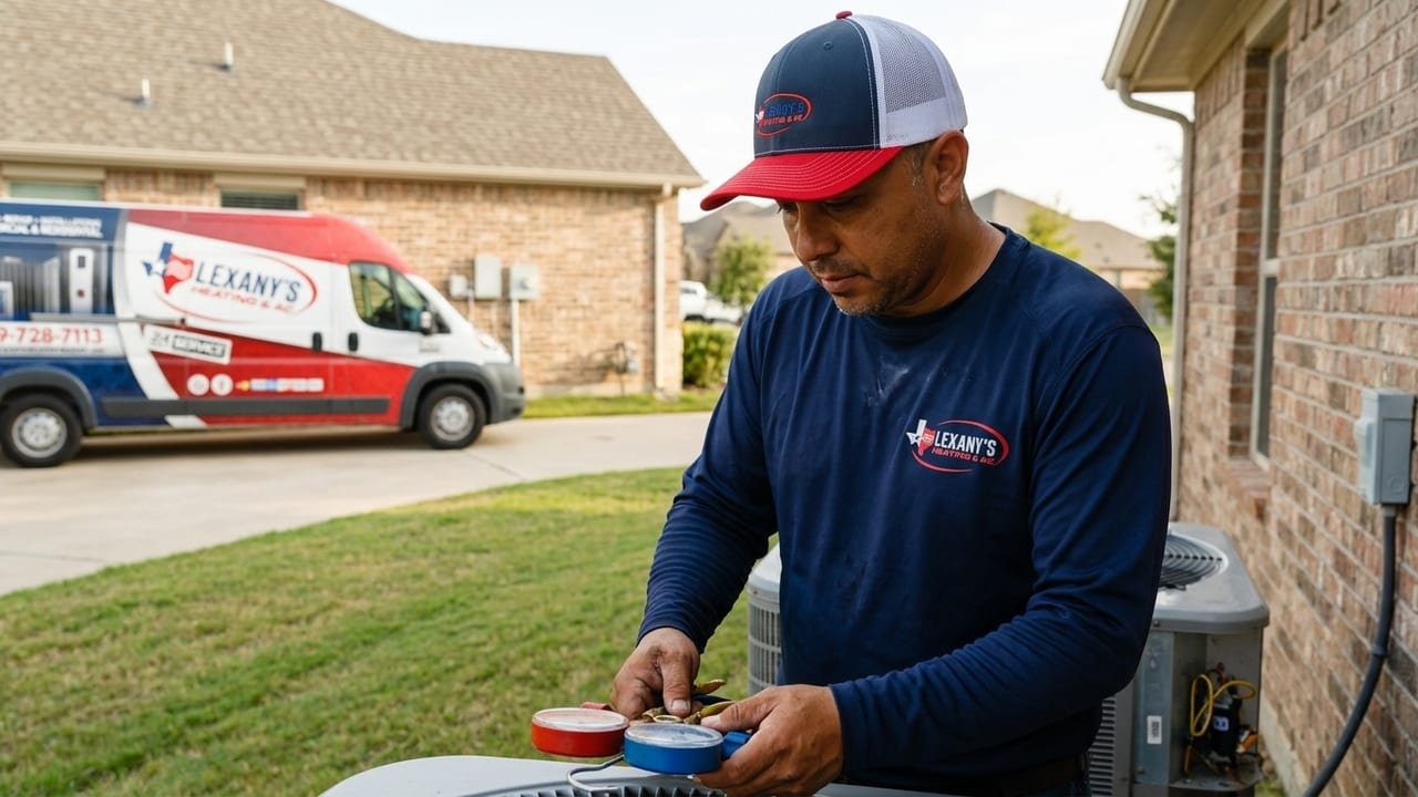 Lexany's Heating & AC technician servicing an outdoor heat pump at a Forney, TX home