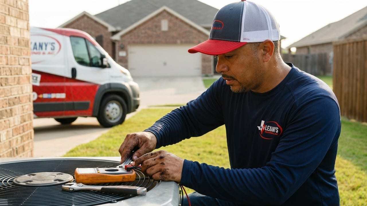 Lexany's Heating & AC technician repairing an outdoor heat pump in Forney, TX