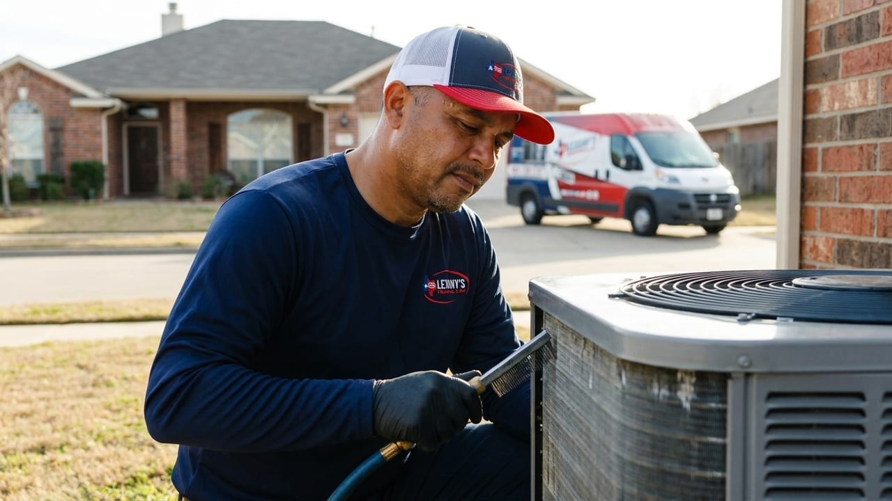 Lexany's Heating & AC technician performing a seasonal AC maintenance tune-up at a Forney, TX home