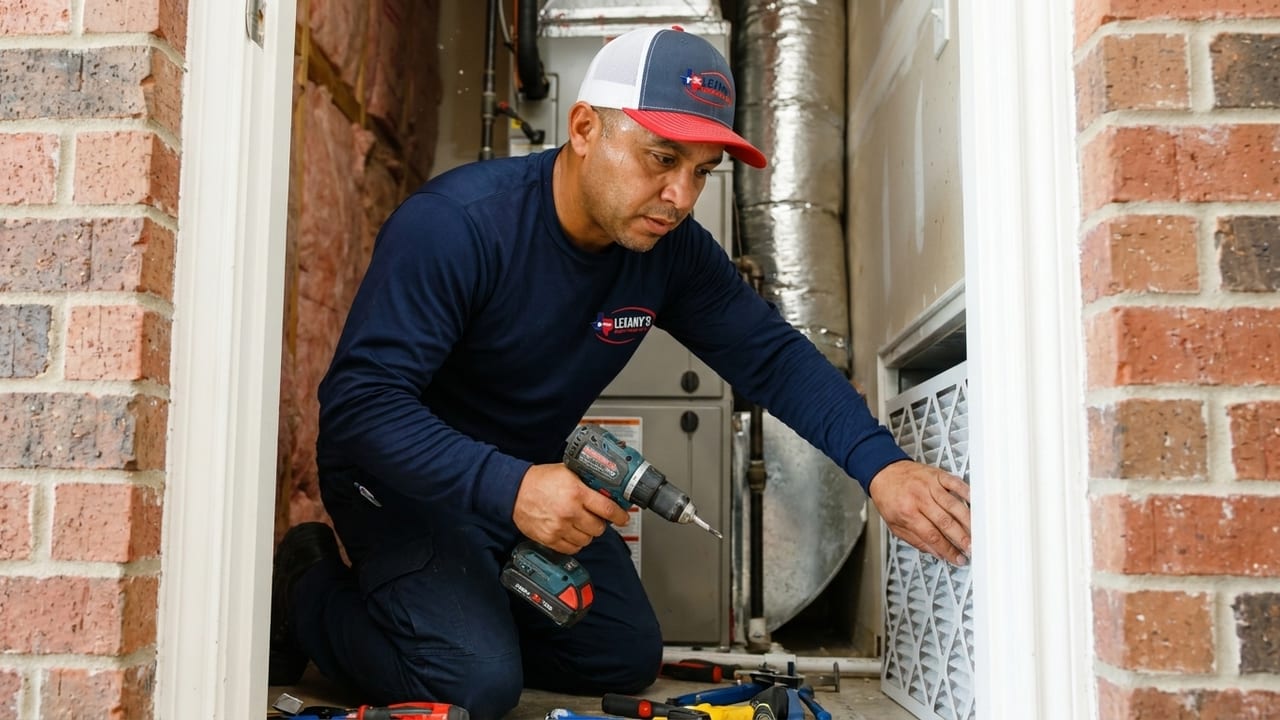Lexany's Heating & AC technician installing a whole-home media air cleaner on a furnace in Forney, TX