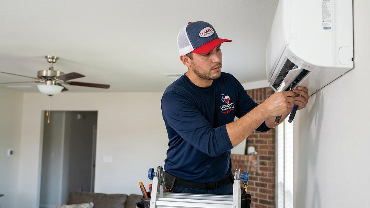 Lexany's Heating & AC technician mounting a ductless mini-split indoor unit in a Forney, TX home