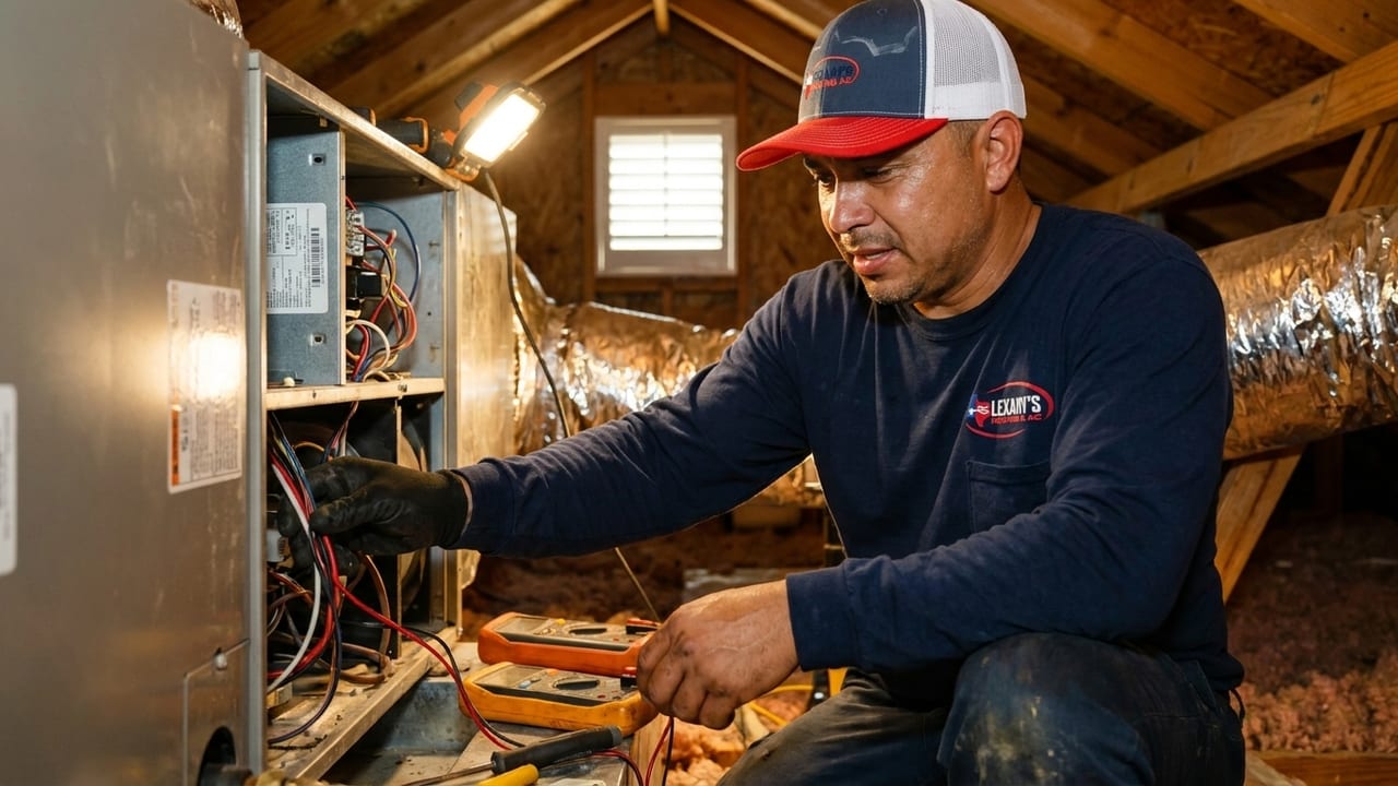 Lexany's Heating & AC technician servicing an attic air handler in a Forney, TX home