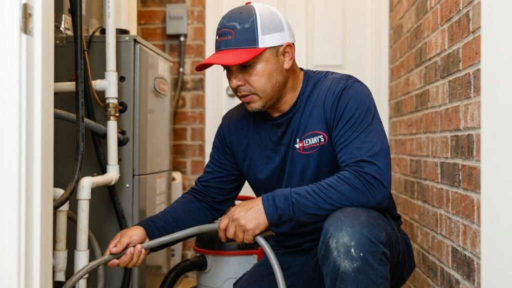 Lexany's technician inspecting Lennox HVAC condensate drain line maintenance