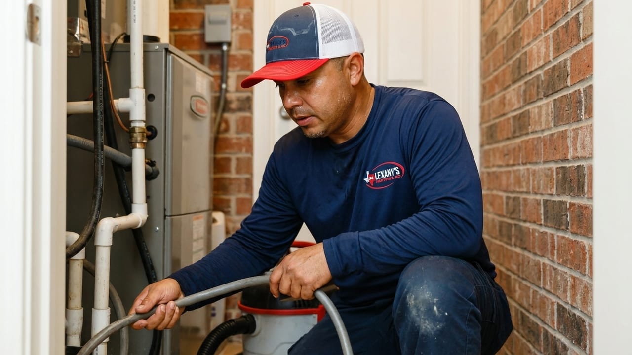 Lexany's Heating & AC technician clearing a clogged AC condensate drain line in a Forney, TX home
