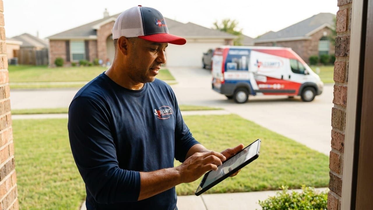 Lexany's Heating & AC technician reviewing a written HVAC estimate with a homeowner at the door in Forney, TX