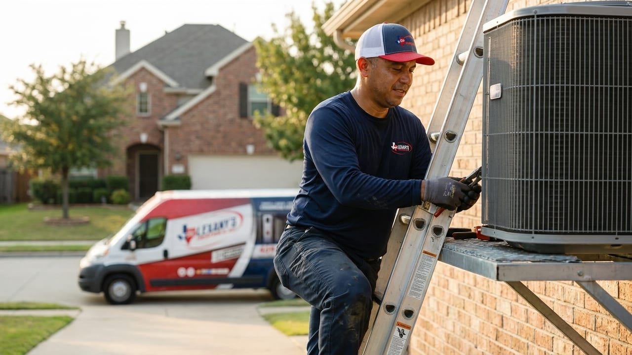 Lexany's Heating & AC technician on a ladder servicing an elevated outdoor AC unit in Forney, TX