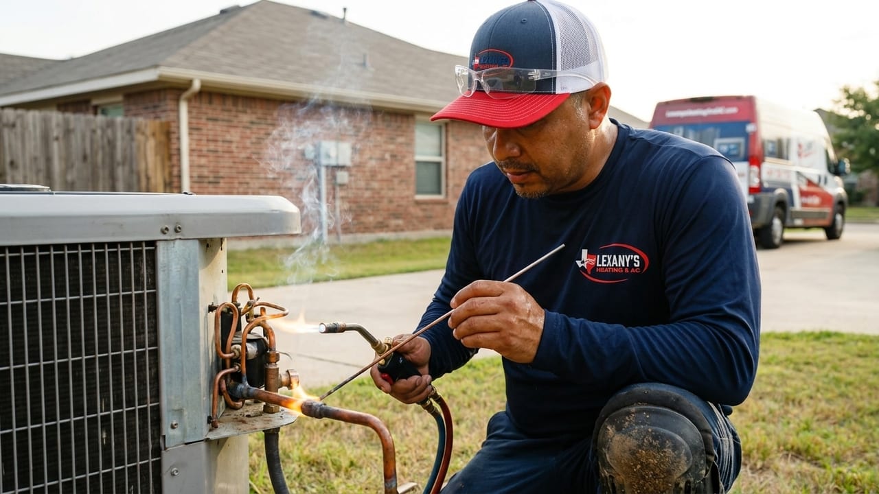 Lexany's Heating & AC technician brazing refrigerant line connections at an outdoor unit in Forney, TX