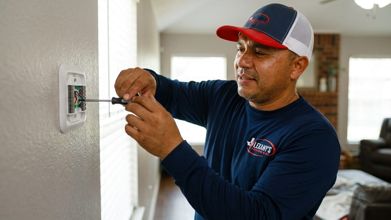 Lexany's Heating & AC technician wiring a new smart thermostat in a Forney, TX home