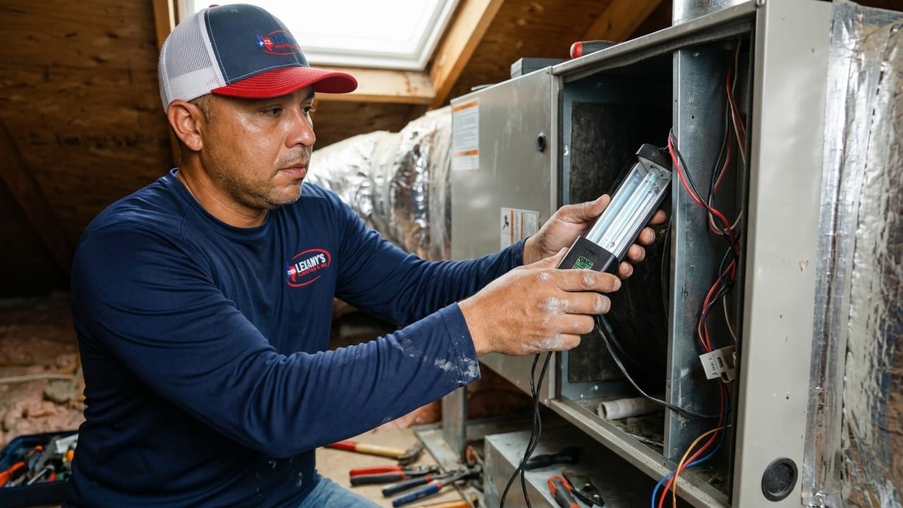 Lexany's Heating & AC technician installing a UV air-purification light in an air handler in Forney, TX