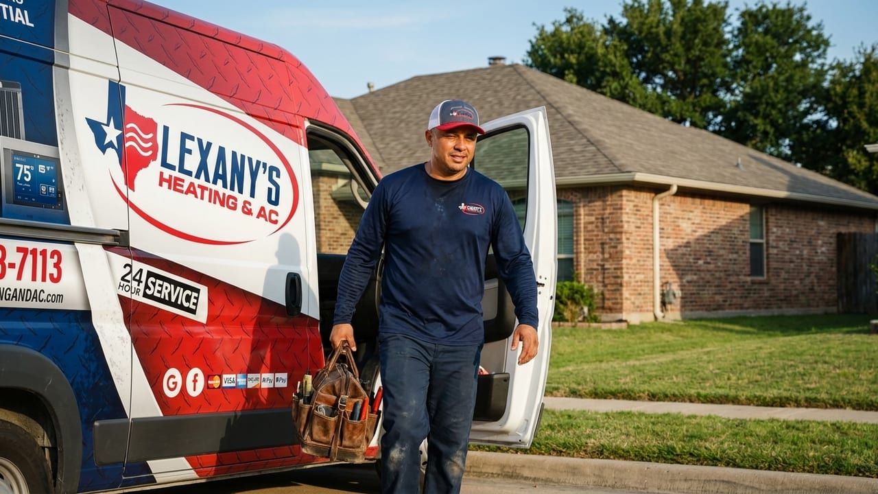 Lexany's Heating & AC technician arriving in the company service van at a Forney, TX home