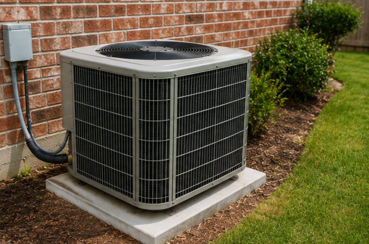 Residential air conditioning condenser unit in Forney, TX, struggling during Texas heatwave.