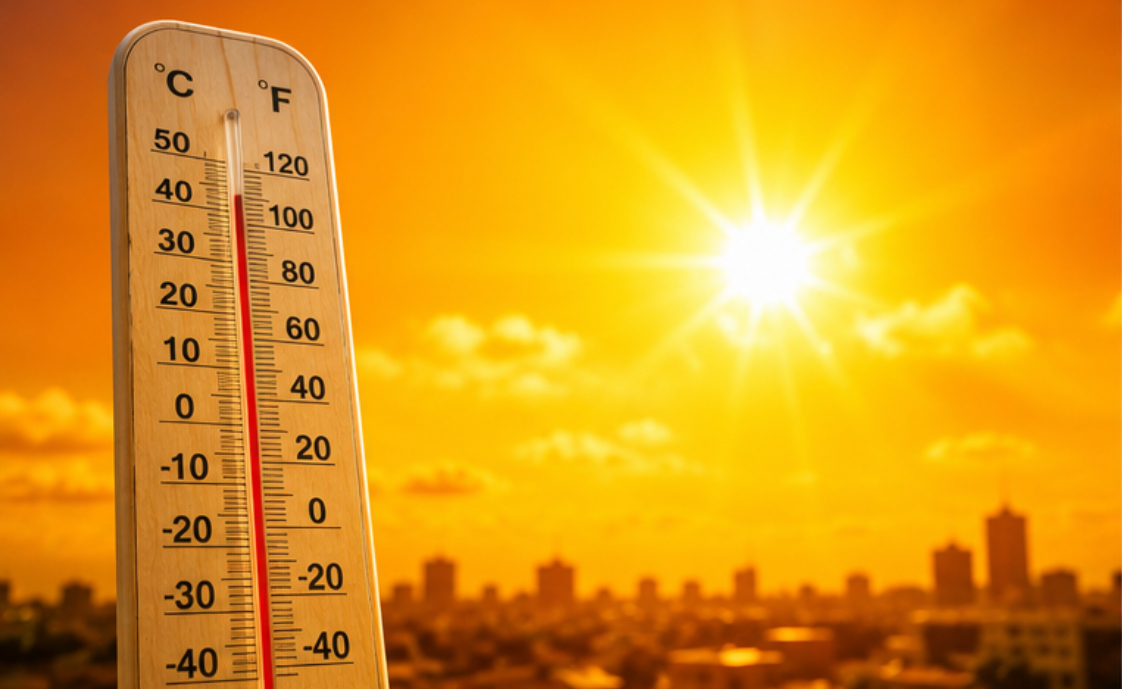 Thermometer reading 120°F with sun and cityscape skyline representing Texas heatwave conditions.
