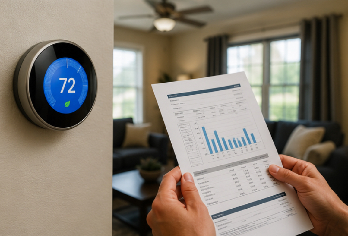 Home thermostat displaying 72 degrees and a hand holding energy bill illustrating high cooling costs