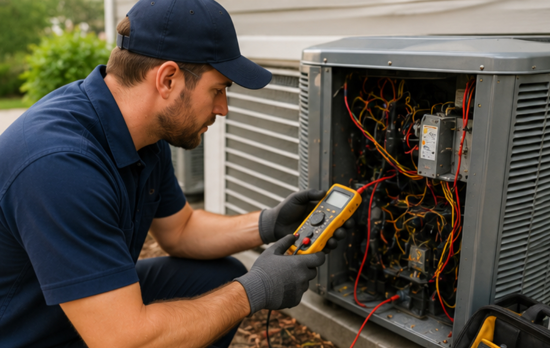 HVAC technician inspecting air conditioner components during Texas heatwave, troubleshooting cooling efficiency.