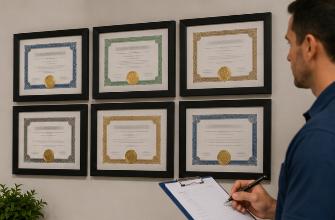 HVAC certifications and licenses displayed on wall, demonstrating qualifications for AC replacement in Forney, TX.