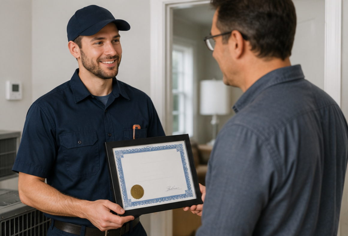 HVAC technician presenting certification to homeowner, demonstrating professional qualifications for AC replacement in Forney, TX.