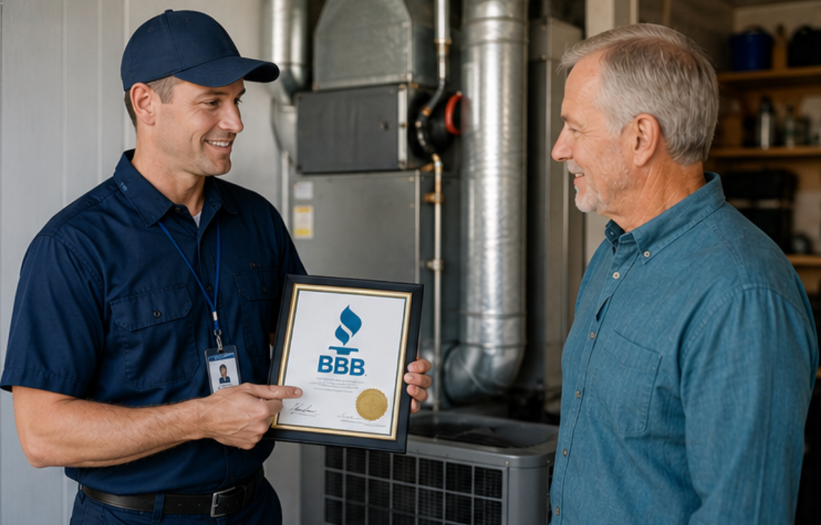 HVAC technician presenting BBB accreditation certificate to homeowner, ensuring ethical business practices in Forney, TX.