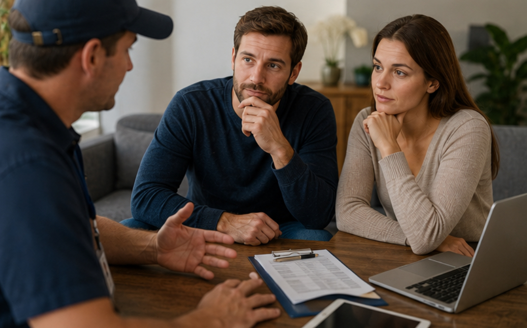 Homeowners discussing AC replacement proposal with HVAC contractor and laptop.